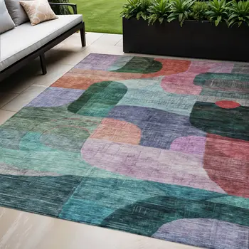 5' X 8' Green Purple And Blue Abstract Washable Indoor Outdoor Area Rug