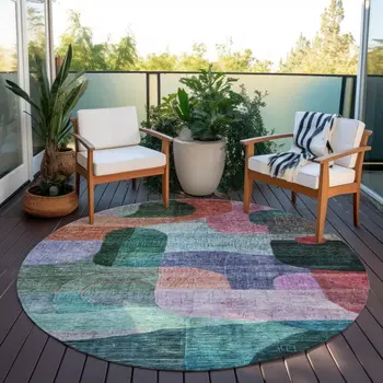 8' Green Purple And Blue Round Abstract Washable Indoor Outdoor Area Rug