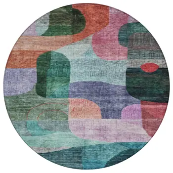 8' Green Purple And Blue Round Abstract Washable Indoor Outdoor Area Rug
