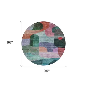 8' Green Purple And Blue Round Abstract Washable Indoor Outdoor Area Rug