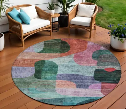 8' Green Purple And Blue Round Abstract Washable Indoor Outdoor Area Rug