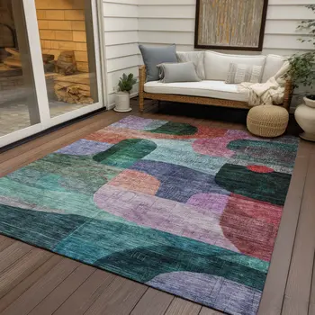 8' X 10' Green Purple And Blue Abstract Washable Indoor Outdoor Area Rug