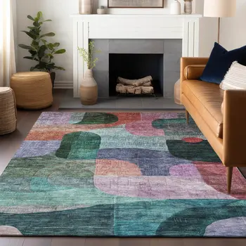 8' X 10' Green Purple And Blue Abstract Washable Indoor Outdoor Area Rug