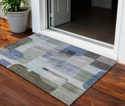 3' X 5' Blue Gray And Charcoal Abstract Washable Indoor Outdoor Area Rug