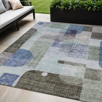 5' X 8' Blue Gray And Charcoal Abstract Washable Indoor Outdoor Area Rug
