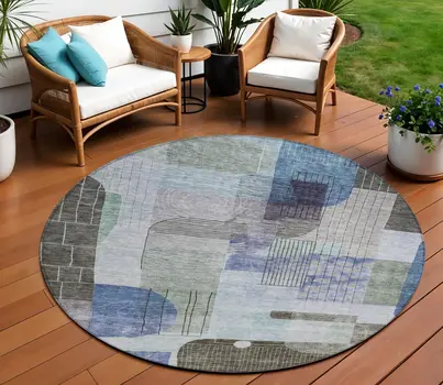 8' Blue Gray And Charcoal Round Abstract Washable Indoor Outdoor Area Rug