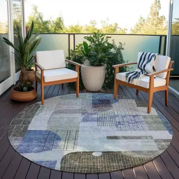 8' Blue Gray And Charcoal Round Abstract Washable Indoor Outdoor Area Rug