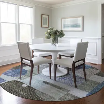 8' Blue Gray And Charcoal Round Abstract Washable Indoor Outdoor Area Rug