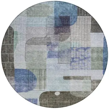 8' Blue Gray And Charcoal Round Abstract Washable Indoor Outdoor Area Rug