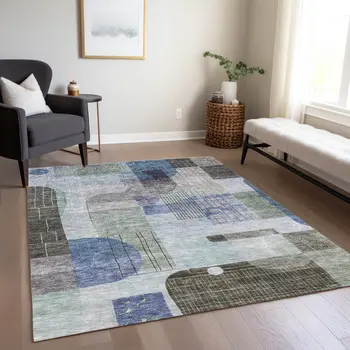 9' X 12' Blue Gray And Charcoal Abstract Washable Indoor Outdoor Area Rug