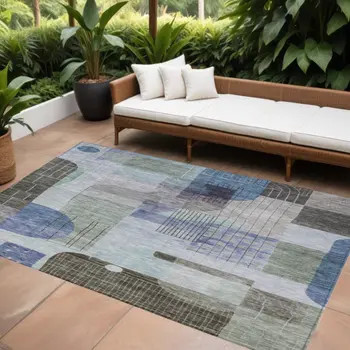 10' X 14' Blue Gray And Charcoal Abstract Washable Indoor Outdoor Area Rug