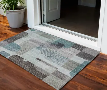 3' X 5' Teal Blue Gray And Charcoal Abstract Washable Indoor Outdoor Area Rug