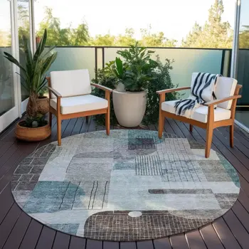 8' Teal Blue Gray And Charcoal Round Abstract Washable Indoor Outdoor Area Rug