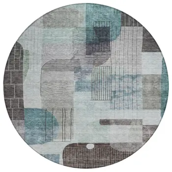 8' Teal Blue Gray And Charcoal Round Abstract Washable Indoor Outdoor Area Rug