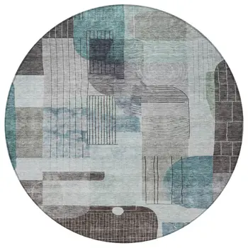 8' Teal Blue Gray And Charcoal Round Abstract Washable Indoor Outdoor Area Rug