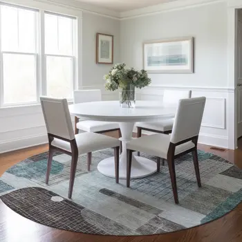8' Teal Blue Gray And Charcoal Round Abstract Washable Indoor Outdoor Area Rug