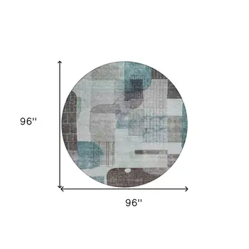 8' Teal Blue Gray And Charcoal Round Abstract Washable Indoor Outdoor Area Rug
