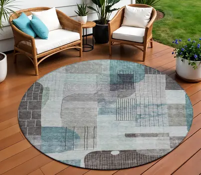 8' Teal Blue Gray And Charcoal Round Abstract Washable Indoor Outdoor Area Rug