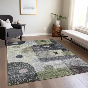 3' X 5' Artichoke Green Gray And Charcoal Geometric Washable Indoor Outdoor Area Rug