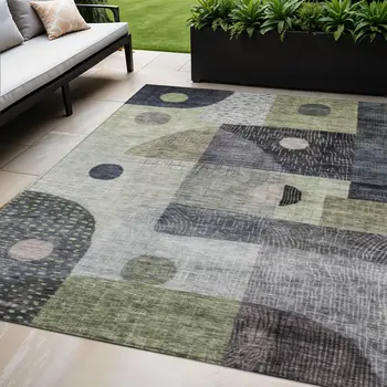 5' X 8' Artichoke Green Gray And Charcoal Geometric Washable Indoor Outdoor Area Rug