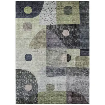 5' X 8' Artichoke Green Gray And Charcoal Geometric Washable Indoor Outdoor Area Rug