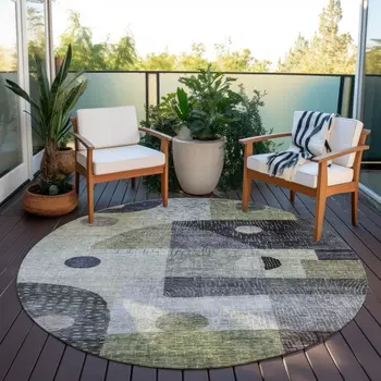 8' Artichoke Green Gray And Charcoal Round Geometric Washable Indoor Outdoor Area Rug