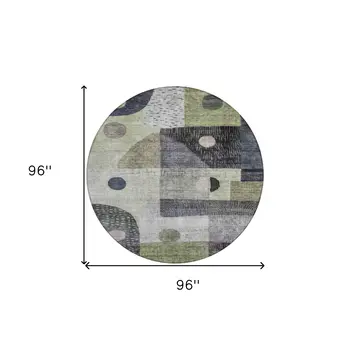 8' Artichoke Green Gray And Charcoal Round Geometric Washable Indoor Outdoor Area Rug