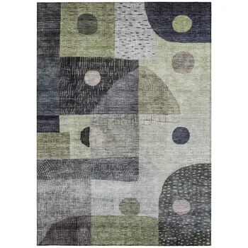 10' X 14' Artichoke Green Gray And Charcoal Geometric Washable Indoor Outdoor Area Rug