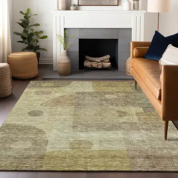 3' X 5' Beige Brown And Light Green Geometric Washable Indoor Outdoor Area Rug