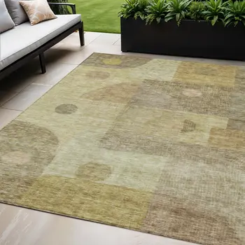 5' X 8' Beige Brown And Light Green Geometric Washable Indoor Outdoor Area Rug