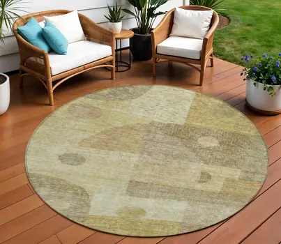8' Beige Brown And Light Green Round Geometric Washable Indoor Outdoor Area Rug