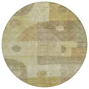 8' Beige Brown And Light Green Round Geometric Washable Indoor Outdoor Area Rug