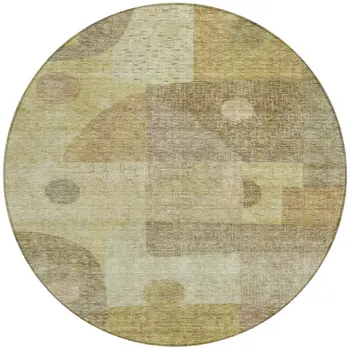 8' Beige Brown And Light Green Round Geometric Washable Indoor Outdoor Area Rug