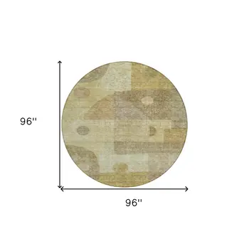 8' Beige Brown And Light Green Round Geometric Washable Indoor Outdoor Area Rug