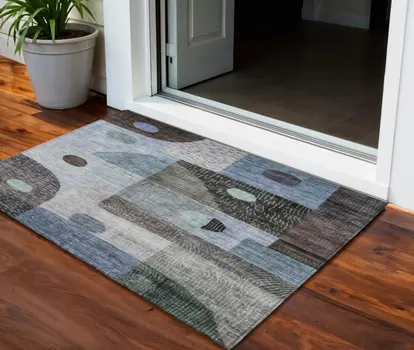 3' X 5' Blue Gray And Charcoal Geometric Washable Indoor Outdoor Area Rug