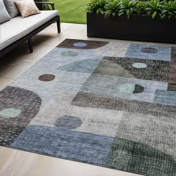 5' X 8' Blue Gray And Charcoal Geometric Washable Indoor Outdoor Area Rug