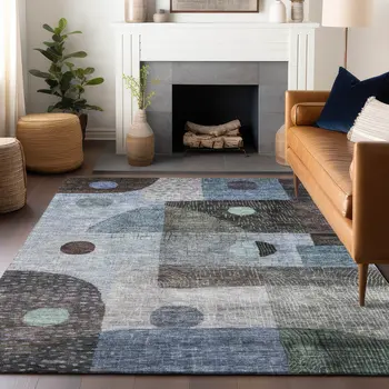 5' X 8' Blue Gray And Charcoal Geometric Washable Indoor Outdoor Area Rug