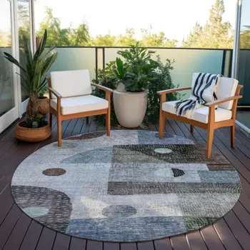8' Blue Gray And Charcoal Round Geometric Washable Indoor Outdoor Area Rug