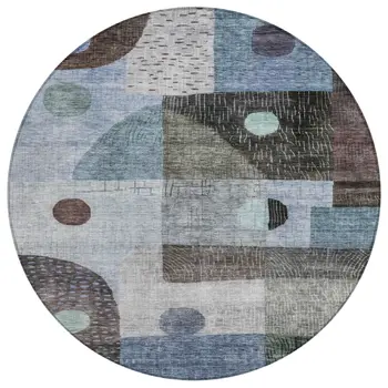 8' Blue Gray And Charcoal Round Geometric Washable Indoor Outdoor Area Rug