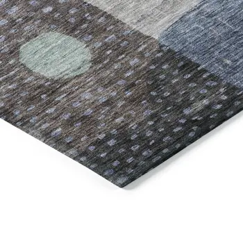 8' Blue Gray And Charcoal Round Geometric Washable Indoor Outdoor Area Rug