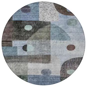 8' Blue Gray And Charcoal Round Geometric Washable Indoor Outdoor Area Rug