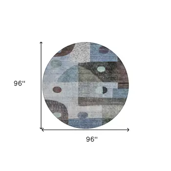 8' Blue Gray And Charcoal Round Geometric Washable Indoor Outdoor Area Rug