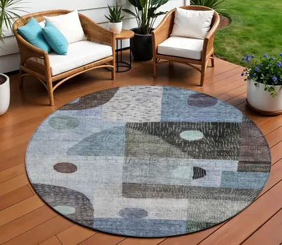 8' Blue Gray And Charcoal Round Geometric Washable Indoor Outdoor Area Rug