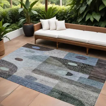 9' X 12' Blue Gray And Charcoal Geometric Washable Indoor Outdoor Area Rug