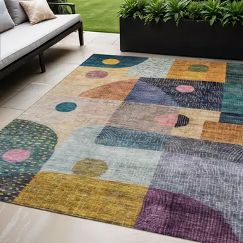 5' X 8' Green Purple And Blue Geometric Washable Indoor Outdoor Area Rug
