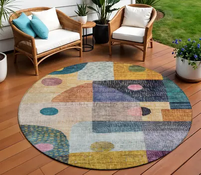 8' Green Purple And Blue Round Geometric Washable Indoor Outdoor Area Rug