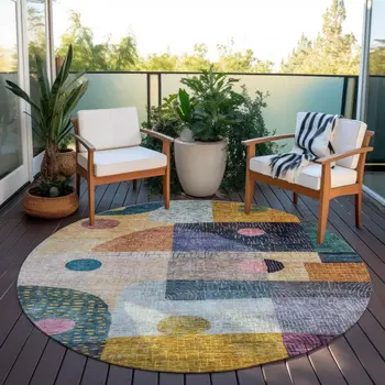 8' Green Purple And Blue Round Geometric Washable Indoor Outdoor Area Rug