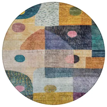 8' Green Purple And Blue Round Geometric Washable Indoor Outdoor Area Rug