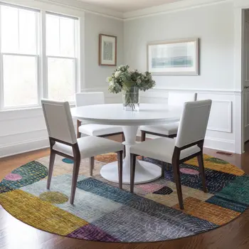 8' Green Purple And Blue Round Geometric Washable Indoor Outdoor Area Rug