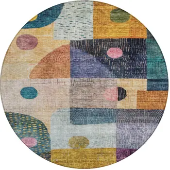 8' Green Purple And Blue Round Geometric Washable Indoor Outdoor Area Rug
